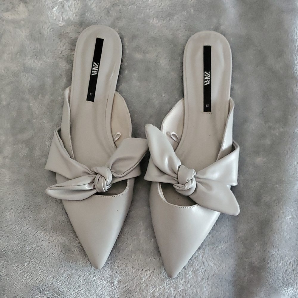 Zara Cream Mules with Bow Detail